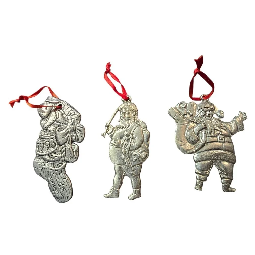 Vintage 1993‎ Pewter Christmas Ornaments Set Santa Claus Stocking Holiday Decor